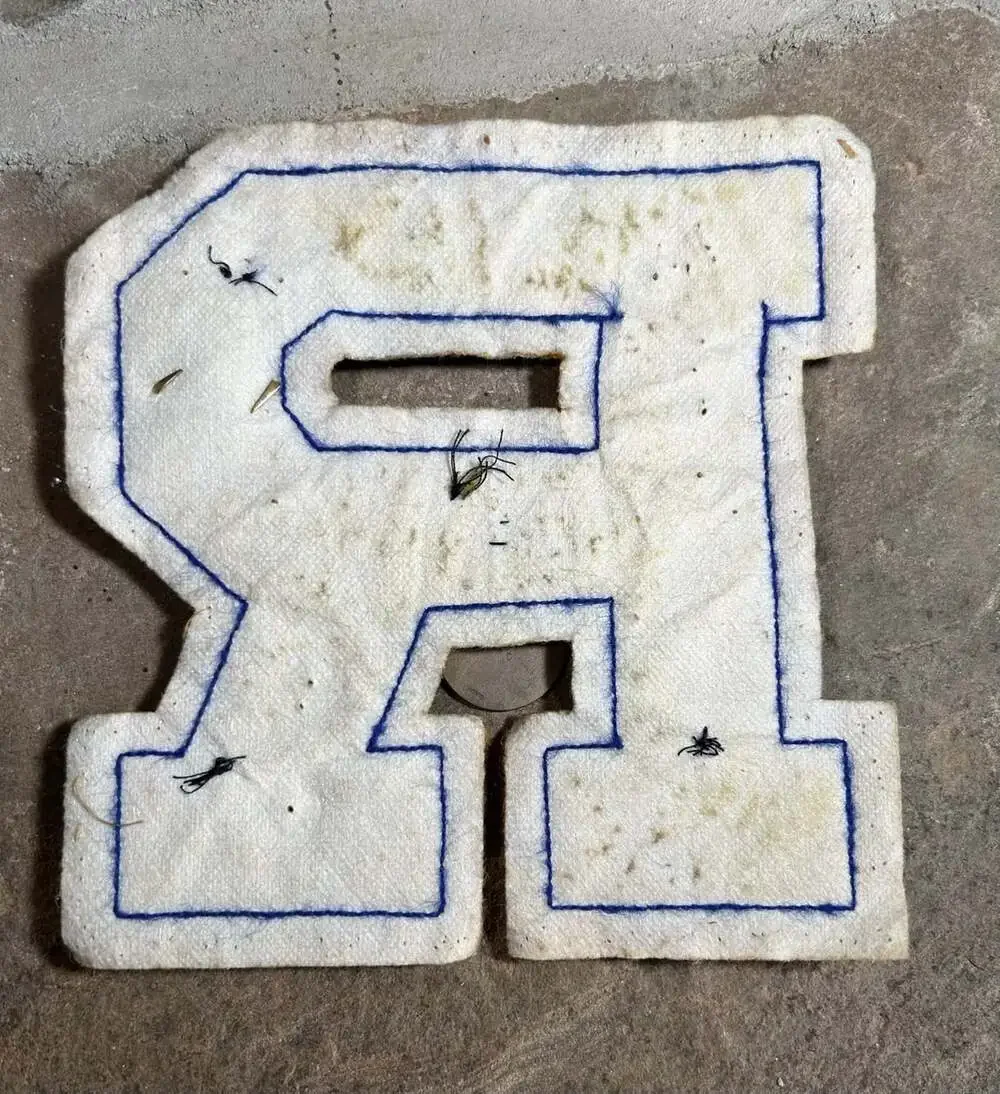 Vintage Blue And Yellow R Chenille Varsity Letter with sports pins 1980